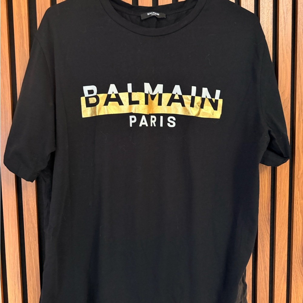 Balmain Black Short Sleeve Tee with Gold and White Logo